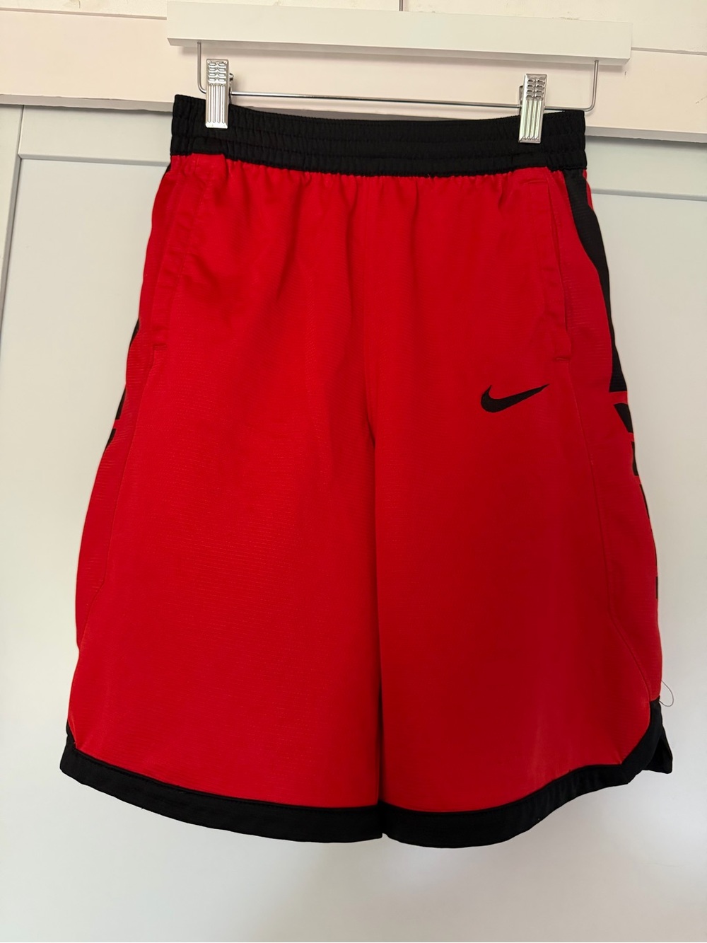 Nike Boys Red Athletic Shorts with Black Waistband and Trim